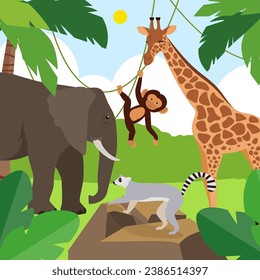 Cute animals on the jungle. Vector illustration in flat style.