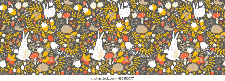 Cute animals on magic forest Easter seamless pattern. Rabbit and hedgehog vector illustrations for baby. Background for kids, hand-drawn style. Site header. Rectangular composition, banner.
