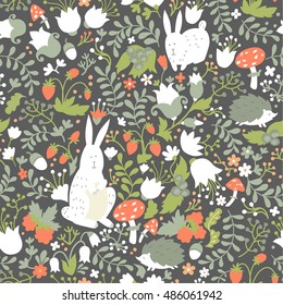 Cute animals on magic forest Easter seamless pattern. Rabbit and hedgehog vector illustrations for baby. Background for kids, hand-drawn style, square composition