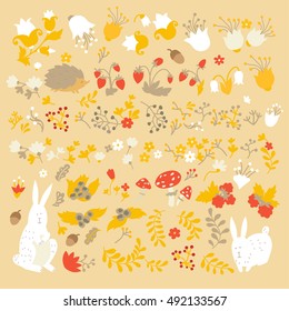 Cute animals on magic forest vector Easter design. Cartoon rabbit and hedgehog illustrations for baby on light background. Berries, mushrooms and leaf elements. Hand-drawn style, square composition