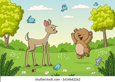 Cute animals on a meadow. Vector illustration with separate layers.