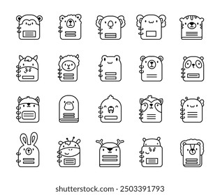 Cute animals on notebook covers. Coloring Page. Back to school. Hand drawn style. Vector drawing. Collection of design elements.