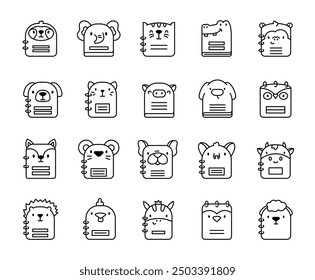 Cute animals on notebook covers. Coloring Page. Back to school. Hand drawn style. Vector drawing. Collection of design elements.