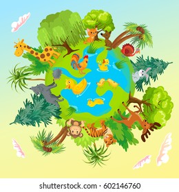 Cute animals on planet. Earth protection.