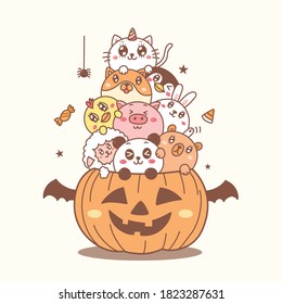 cute animals on pumpkin cartoon hand drawn for Halloween day.