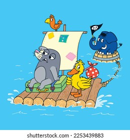 Cute animals on raft illustration while floating on the sea design