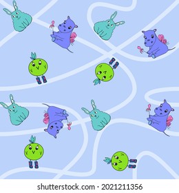Cute animals on seamless blue pattern for kids prints. Hippo, bunny and chicken on colorful vector illustration