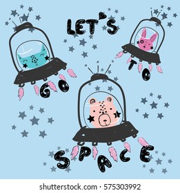 cute animals on space illustration vector with slogan for print