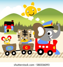 Cute animals on steam train, rural scenery background, vector cartoon illustration