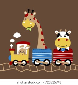 cute animals on steam train, vector cartoon illustration