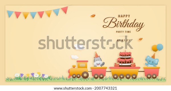 Cute\
animals on train birthday greeting card. jungle animals celebrate\
children\'s birthday and template invitation paper and papercraft\
style vector illustration.Theme happy\
birthday.