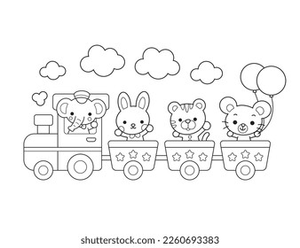 Cute Animals on the train coloring page illustration