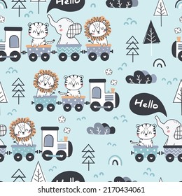 Rutsche Tiere auf nahtlosen Zugmustern. Fröhlicher Elefant, Tiger und Löwe auf der Lokomotive. Cartoon-Tier-Hintergrund. Design für Hintergrund, Tapete, Umhüllung, Stoff und all Ihr kreatives Projekt.