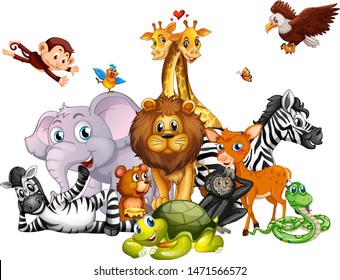 Cute animals on white background illustration