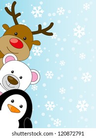 Cute animals on winter background