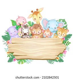Cute animals on a wood board. Tropical flowers and leaves. blank vector sign board.