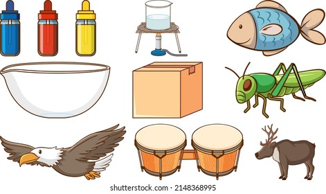 Cute Tiere und andere Gegenstände auf weißem Hintergrund, Illustration