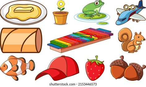 Cute animals and other items on white background illustration
