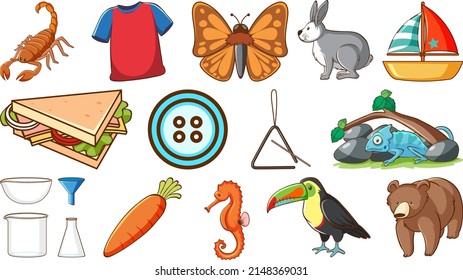 Cute animals and other objects illustration