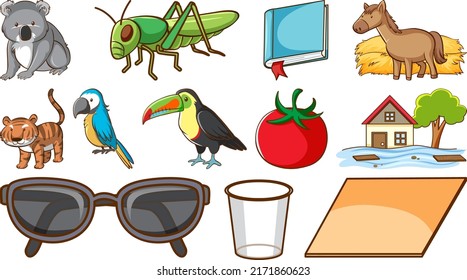 Cute animals and other objects illustration