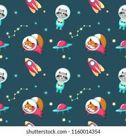 Cute animals in outer space vector seamless pattern. Creative design with funny raccoon and fox in cosmos for fabric, textile, wallpaper, wrapping paper.