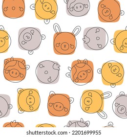 Cute animals outline seamless pattern, abstract hand drawn dot background with adorable farm animals vector illustration
