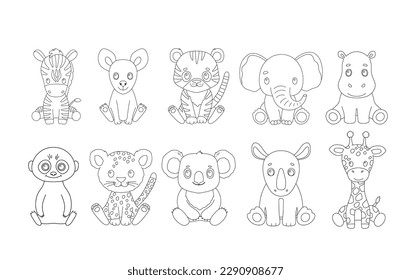 Cute animals in outline style for coloring book  Vector baby zebra  tiger   leopard isolated white  Line drawing