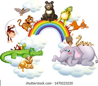 Cute animals over the rainbow illustration