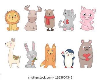 Cute animals. Owl hedgehog tiger panda rabbit vector hand drawn zoo collection for kids