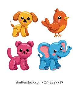 Cute animals pack, dog with bird, pink kitten, blue elephant, nursery birthday party poster, classroom storytime session vector graphic