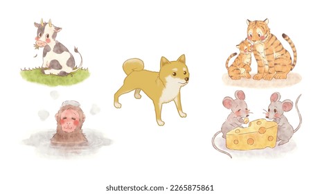 Cute animals painted and watercolors  Cow  monkey  dog  tiger   mouse  Lovely animals  Vector illustration cartoon animals isolated white  Suitable for storybook  invitation  poster   chidrens