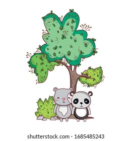 lindos animales, panda y gato juntos arbustos de árbol caricatura vectorial ilustración