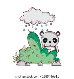 cute animals, panda cloud rain bush nature vector illustration