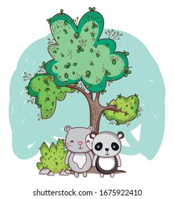 cute animals, panda and mouse together tree bush cartoon vector illustration