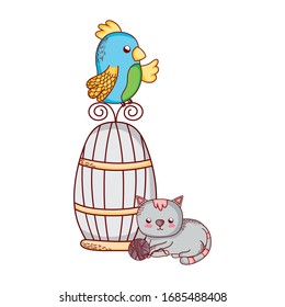 süße Tiere, Papagei auf Käfigkatze mit Kugelkartoon-Vektorillustration