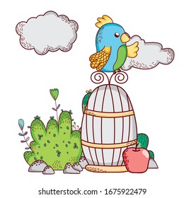 lindos animales, loro en estuche con arbusto de manzana caricatura vectorial ilustración