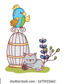 cute animals, parrot on case cat with ball nature cartoon vector illustration