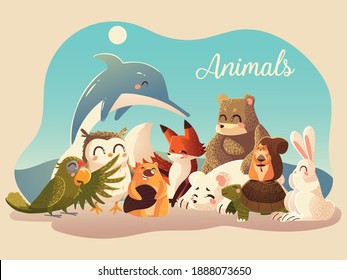 cute animals parrot rabbit fox squirrel bear fox beaver dolphin owl and turtle vector illustration