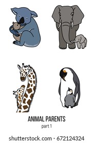 Cute animals, part 1, parent and kid penguins, elephants, giraffes and koalas vector illustrations