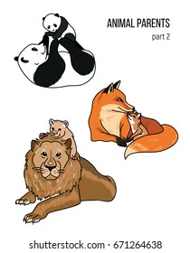 Cute animals, part 2, parent and kid lion, fox, panda bear vector illustrations