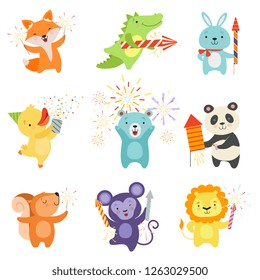 Cute animals with party poppers set, lovely cartoon animal characters celebrating, design template can be used for New Year or Christmas, Birthday card, banner, poster, holiday decoration
