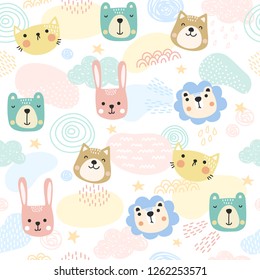 Cute animals pattern background. Animal character vector illustration.