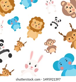 Cute animals pattern. Cartoon animals pattern background. Animals background. Vector illustration.