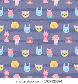 Cute animals. Pattern of hand drawn smiling characters. Cartoon zoo. Cat, lama, horse, raccoon, sheep, owl, rabbit, squirrel and bear. Vector illustration.