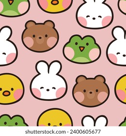 Cute animals pattern, hand drawn forest background with star, frog, bear, chick and rabbit vector illustration
