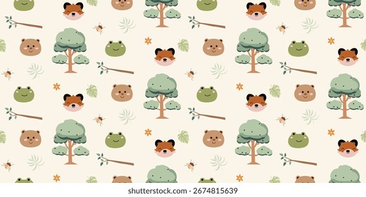 Cute animals pattern. Jungle animals seamless pattern. Safari animals and tropical plants. Perfect for fabrics, print, textile, wallpaper, decor. SSTKbackgrounds 