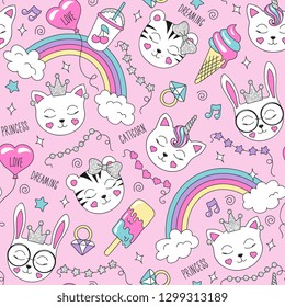 Cute animals pattern on a pink background. Colorful trendy seamless pattern. Fashion illustration drawing in modern style for clothes. Drawing for kids clothes, t-shirts, fabrics. Tiger, cat, bunny.