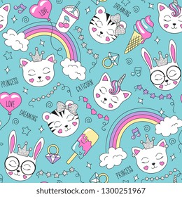 Patrón de animales curados en un fondo turquesa. Decoración colorida y a la última, sin fisuras. Dibujo de moda de estilo moderno para ropa. Dibujo para niños, ropa, pantalones y telas. Tigre, gato, moño