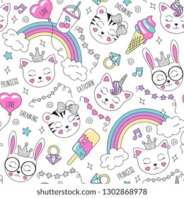 Cute animals pattern on a white background. Colorful trendy seamless pattern. Fashion drawing in modern style for clothes. Drawing for kids clothes, t-shirts, fabrics or packaging. tiger, cat, bunny.