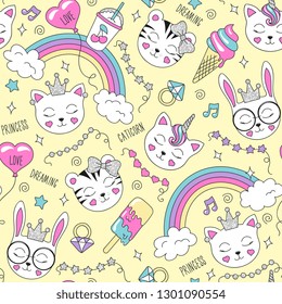 Cute animals pattern on a yellow background. Colorful trendy seamless pattern. Fashion illustration drawing in modern style for clothes. Drawing for kids clothes, t-shirts, fabrics. Tiger, cat, bunny.
